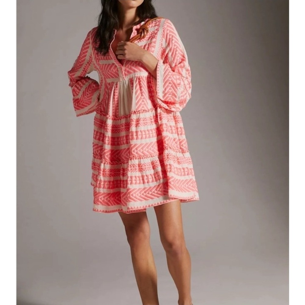 Anthropologie Devotion Twins Dress Medium Red White Geo Ella Boho Peasant Mini‎
